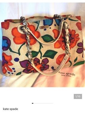Kate Spade Lg Maryanne Chained Tote in Cream Leather & Linen Fiesta Floral EUC